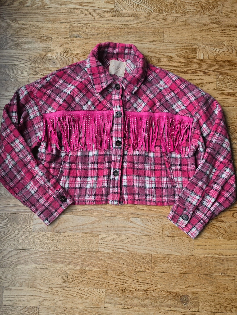 (M) Altar'd State Hot Pink Plaid Fringe Cropped Shacket Top Western Ranch Farm